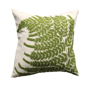 20" Square Cotton Pillow w/ Fern Fronds Embroidery