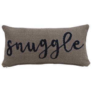 24"L x 12"H Woven Cotton Lumbar Pillow w/ Embroidered "Snuggle", Grey & Navy Color