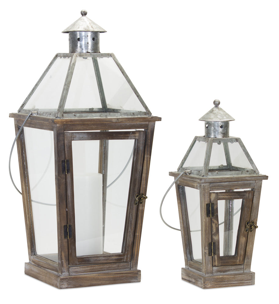 Lantern (Set of 2) 17.5"H, 26.5"H Glass/Wood/Zinc