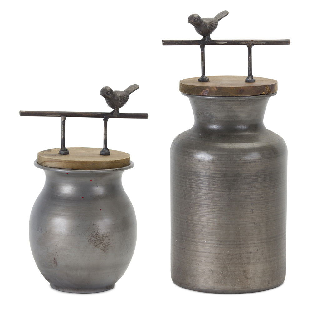 Jar With Bird Handle (Set of 2) 8.5"H, 11.25"H Iron/Wood