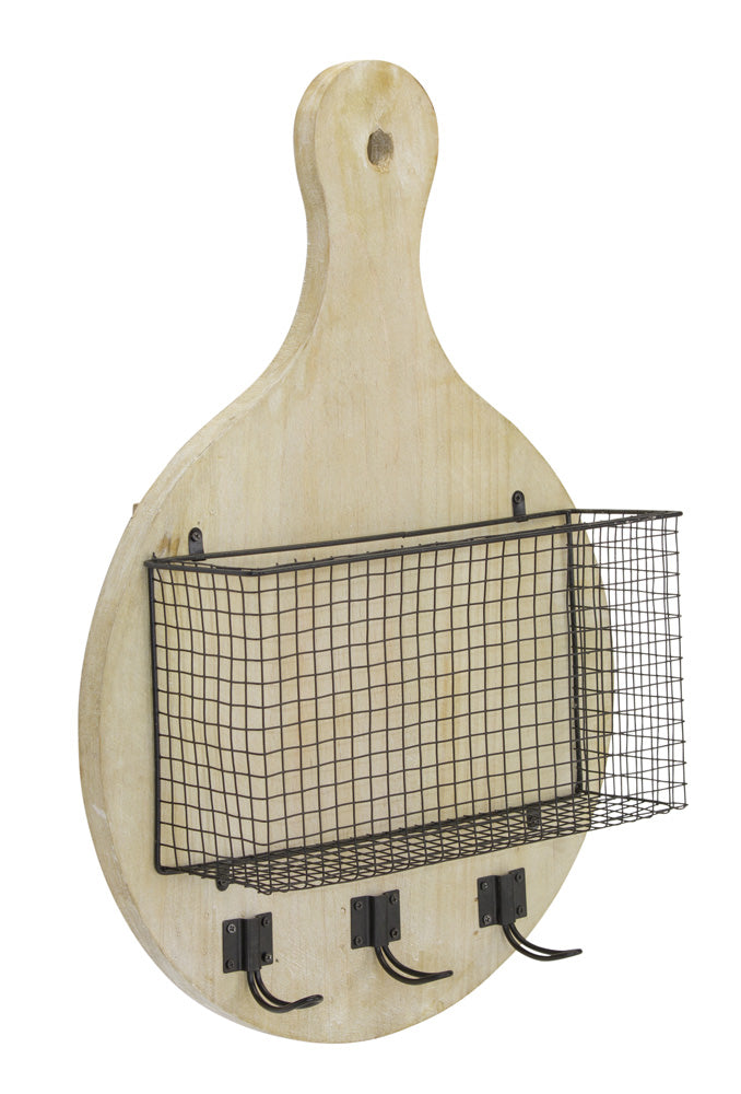 Wall Basket with Hooks 15.5" x 23"H Wood/Iron