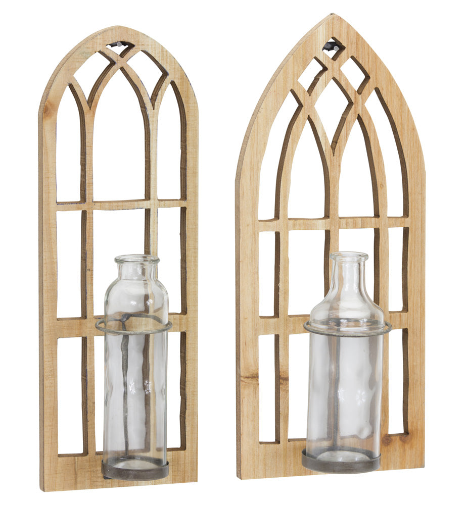 Window With Glass Vase (Set of 2) 16.5"H Iron/Wood/Glass