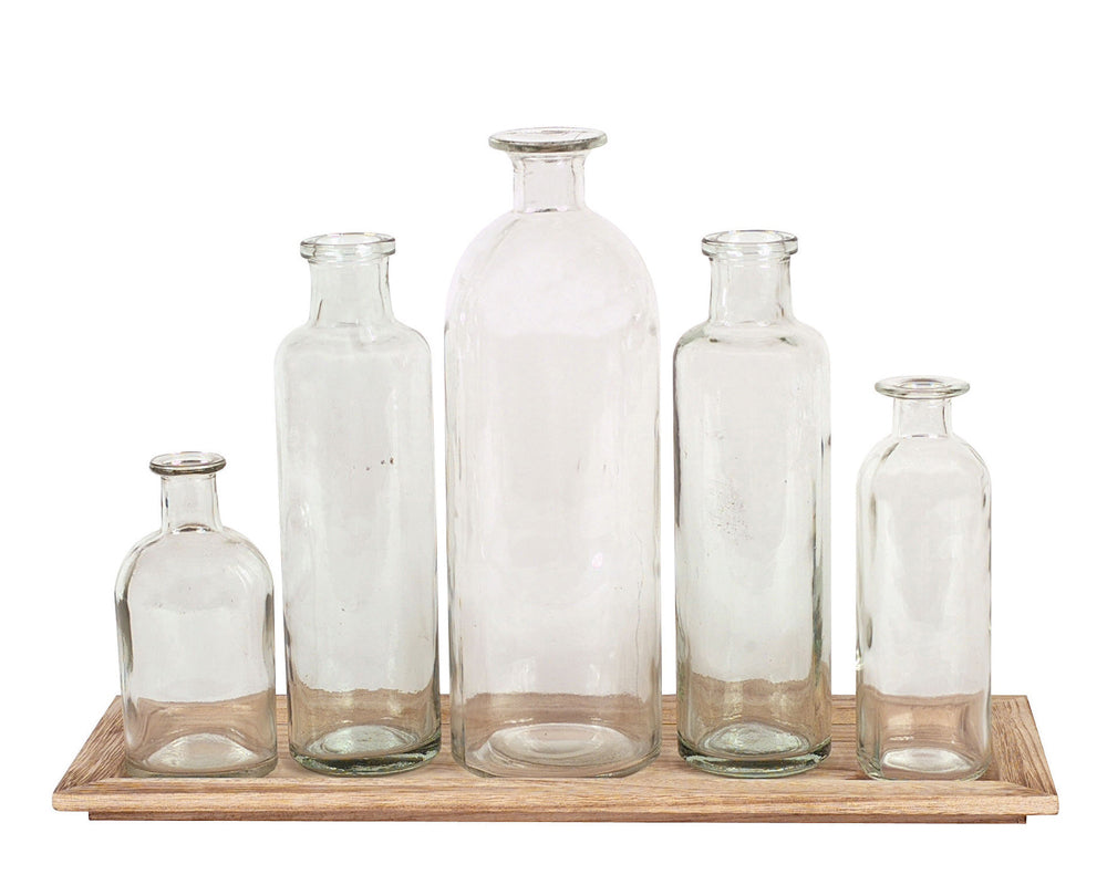 15-3/4"L x 5-1/2"W x 8-1/2"H Wood Tray w/ 5 Glass Bottle Vases, Set of 6, Truck Ship