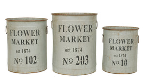 18-1/4" Round x 22-1/2"H, 16-1/4" Round x 20"H & 14-1/4" Round x 17"H Metal Buckets w/ Handles, Set of 3 "Flower Market"