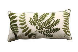 32"L x 15"H Cotton Lumbar Pillow w/ Fern Fronds Embroidery