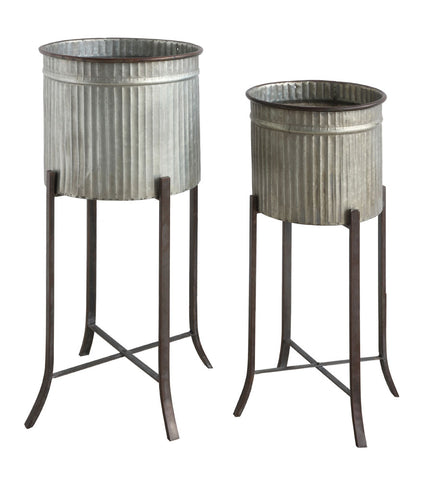 13-1/2" Round x 30-3/4"H & 11-3/4" Round x 27"H Corrugated Metal Planters w/ Stand, Set of 2 (Holds 12" & 10" Pots)