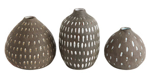 5-1/2"H, 4-3/4"H & 3-3/4"H Terra-cotta Vases, Glazed w/ Hand-Painted Lines, Set of 3