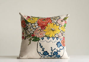 20" Square Embroidered Cotton Pillow w/ Flowers in Blue & White Vase ©