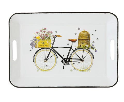 16-1/4"L x 11-1/4"W Enameled Tray w/ Handles, Bees & Bicycle ©