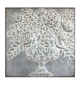36-1/4" Square Metal Wall Décor w/ Embossed Flower Bouquet, Distressed Finish ©