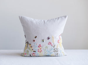 18" Square Cotton Pillow w/ Multi Color Embroidered & French Knot Flowers