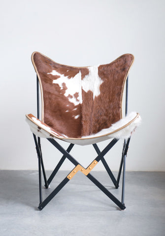 26"W x 28"D x 36"H Cow Hide & Metal Foldable Butterfly Chair (Each One Will Vary)