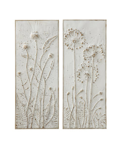 14-1/4"W x 36-1/4"H Metal Wall Décor w/ Embossed Flowers, Distressed White Finish, 2 Styles