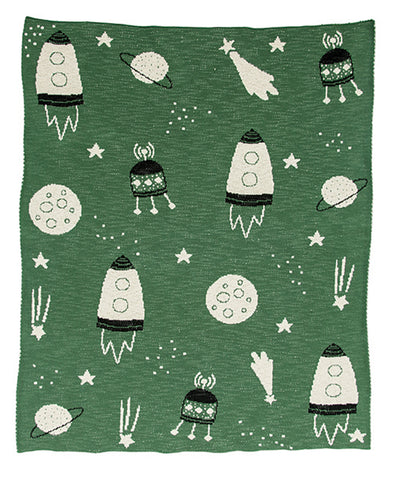 40"L x 32"W Cotton Knit Baby Blanket w/ Space Ship, Green