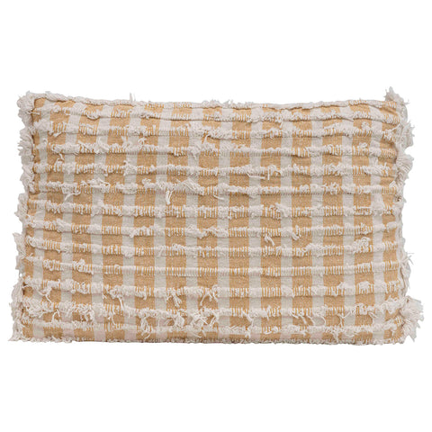 22"L x 14"H Woven Cotton Pillow w/ Fringe, Natural & Mustard Color