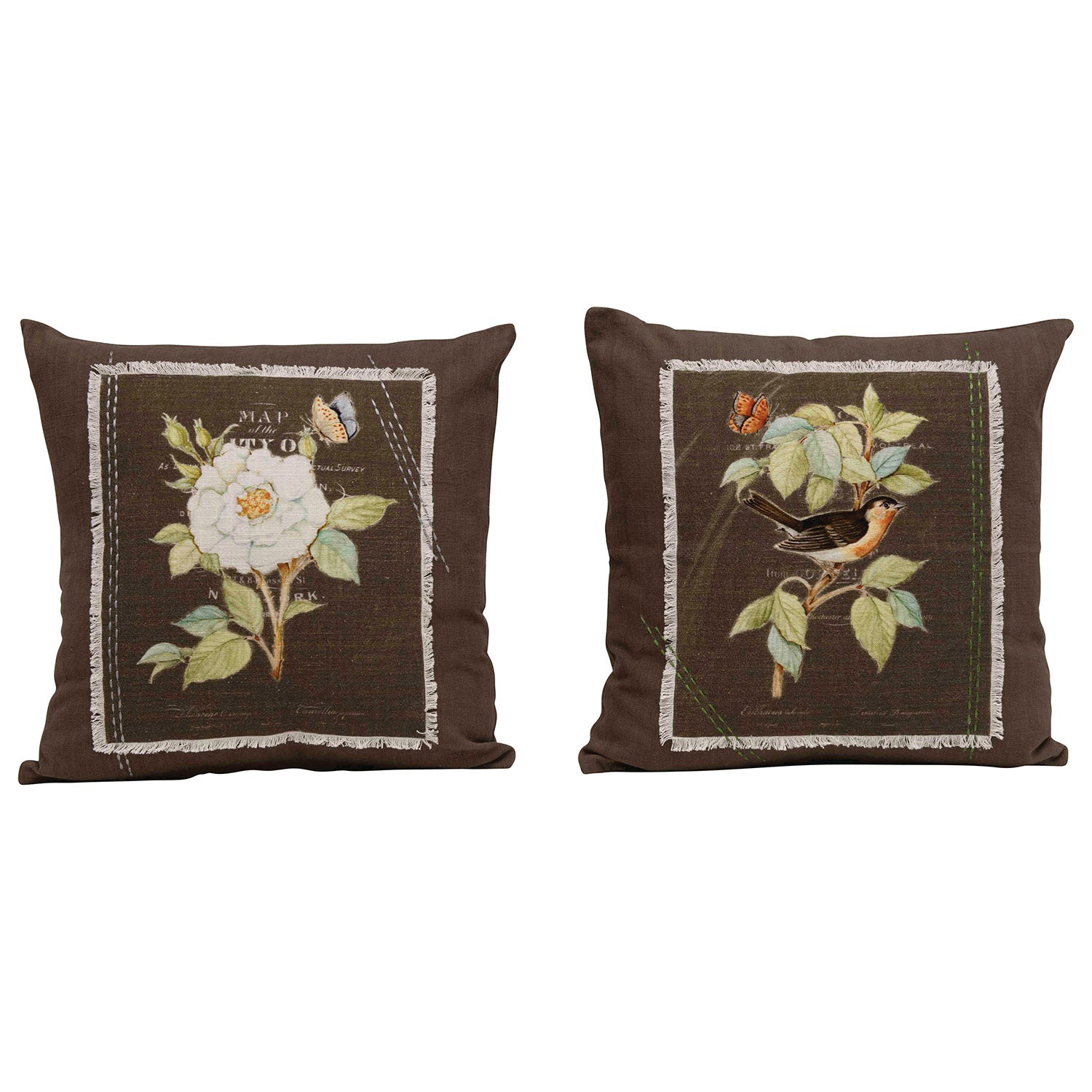 20" Square Woven Cotton Pillow w/ Flower, Applique & Embroidery, Iron Color, 2 Styles ©