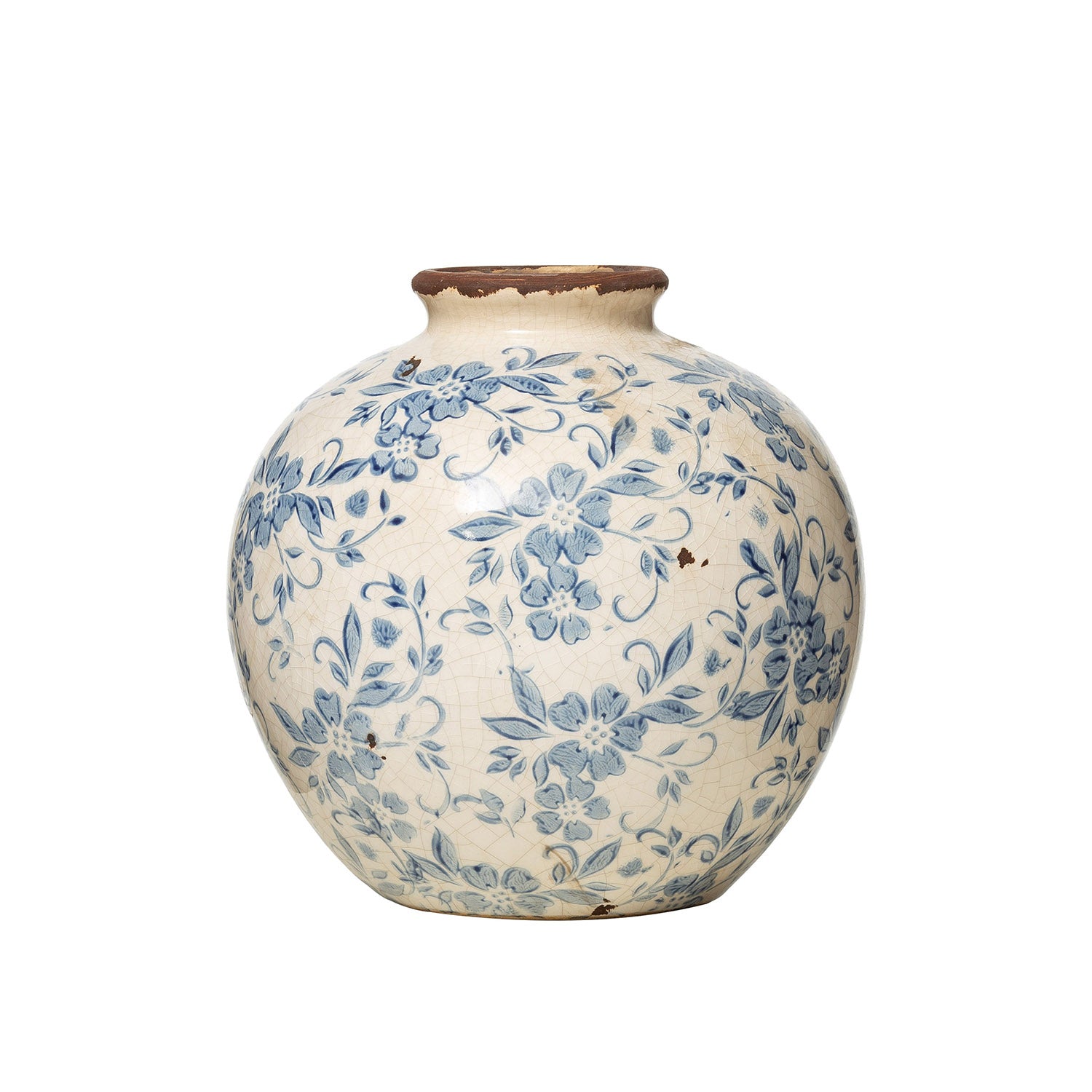 8" Round x 8"H Terra-cotta Vase w/ Transferware Pattern, Blue & White