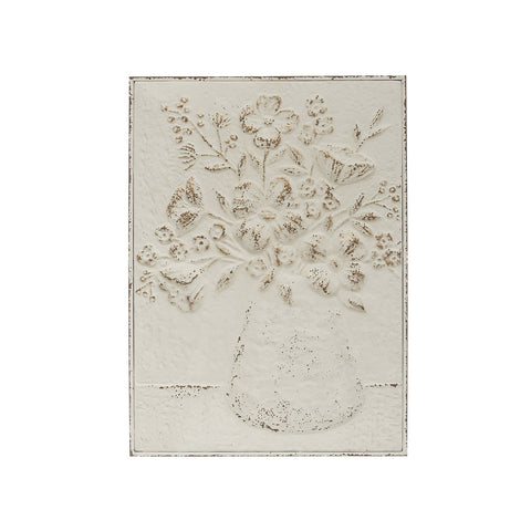 17-1/2"W x 24"H Embossed Metal Wall Décor w/ Flowers in Vase, Distressed White ©