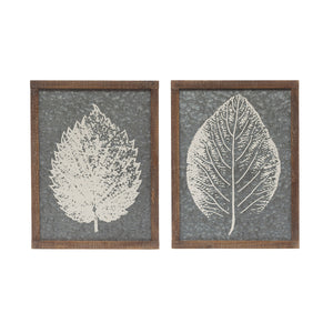 12-1/2"W x 16-1/2"H Wood Framed Galvanized Metal Wall Décor w/ Leaf Image, 2 Styles